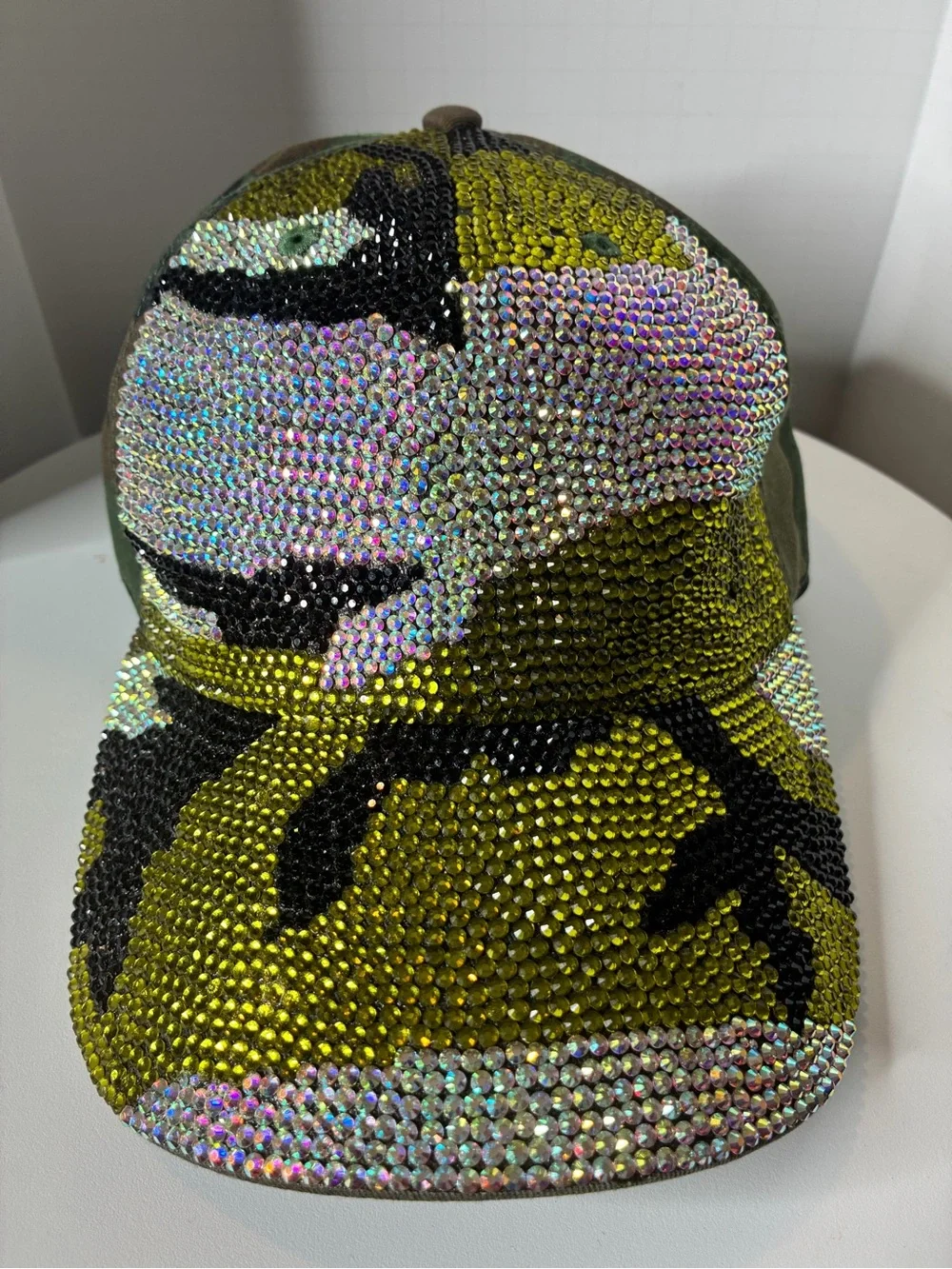 Custom Rhinestone Camo Baseball Cap - Olive/Black